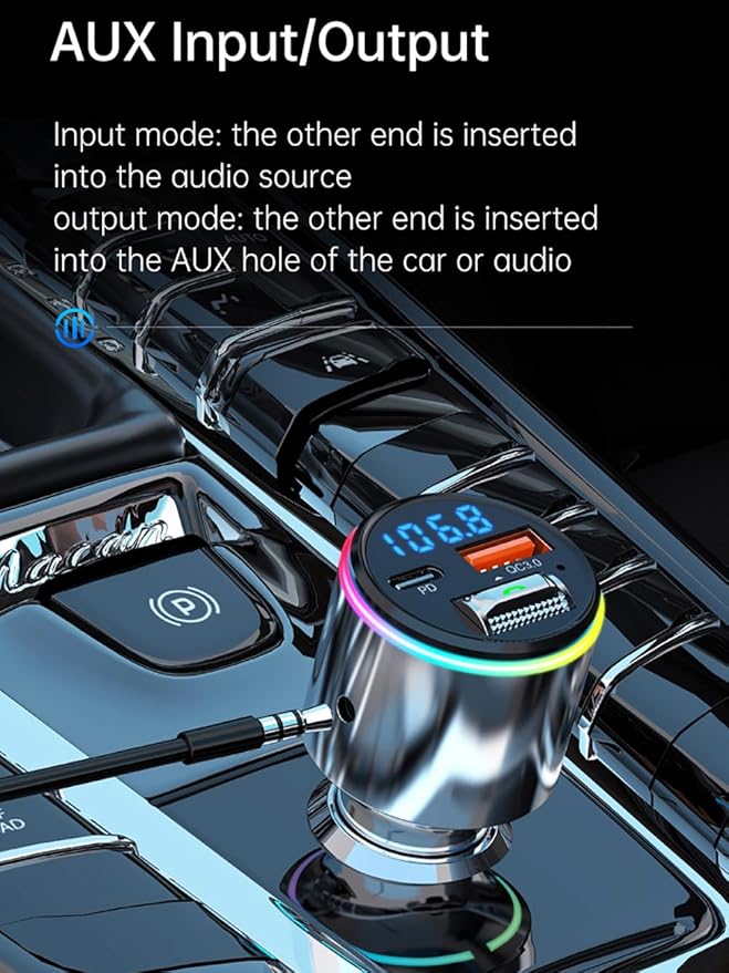 Upgraded V5.3 FM Bluetooth Transmitter Car, Full Metal Bluetooth Car Adapter, Hi-Fi Bass Sound, PD 30W & QC 18W, Handsfree Calls, 7 LED Colors, AUX Output