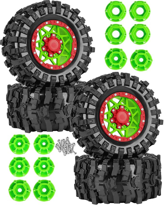 1/10 Scale RC Truck Tires,Wheels and Tires w/12/14/17MM Hex for Rustler Stampede Hoss,Arrm a Granite Vorteks Big Rock 3S,1/10 Off Road Tires Rubber Truck Tyres w/Foam Insert,Green w/Red