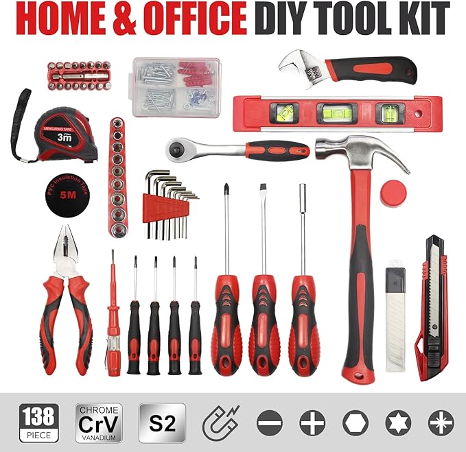 SPICIMOMO Red Home Tool Kit Set - 138 Pieces Red Tool Set, Home Tool Kit for Daily Repairing and Maintenance, Professional Tool Kit Set with Portable Storage Boxes