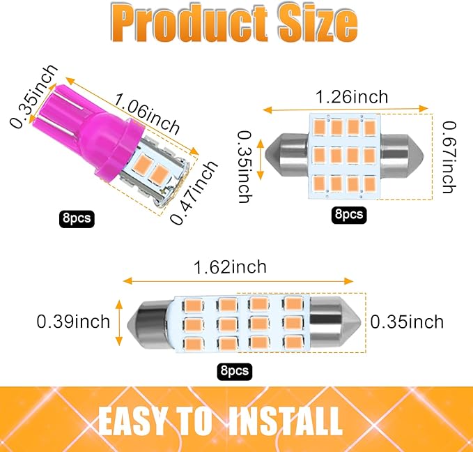 YOGEIER Car LED Bulb, Pink, 24 Sets, Compatible with All Vehicles, Wide Range of Applications, Easy Installation