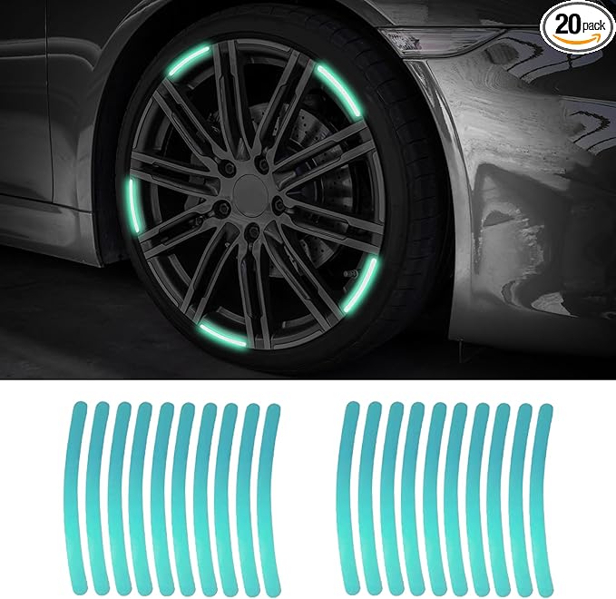 20PCS Reflective Car Wheel Decorative Stripe Stickers, Night Safety Warning Tape Sticker, Anti-Scratch Tire Rims Sticker, Universal Car Exterior Accessories Fluorescent Auto Decals for Motocycle Bike