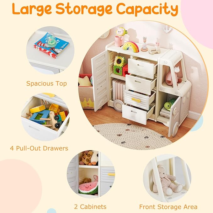 Costzon Kids Toy Storage Organizer, Toy Shelf w/ 4 Pull-Out Drawers, Enclosed Cabinets & Drawing Board, Car-Shaped Kids Bookshelf for Playroom, Toddler Room, Classroom & Nursery