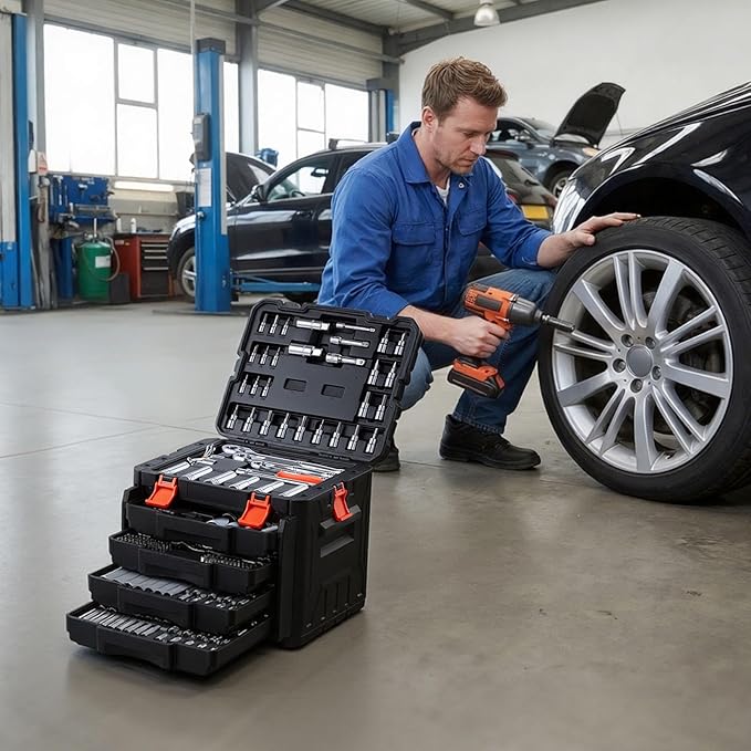 VEVOR Mechanics Tool Set, 297-Piece Mechanic Tool Kit, 1/4 in, 3/8 in, and 1/2 in Drive, SAE and Metric Socket Set, Wrenches, Screwdriver Bits, Accessories, and Storage Case, for Automotive Repair