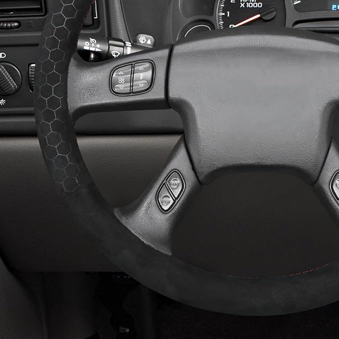 MEWANT Hand Stitched Steering Wheel Cover for Chevy Silverado 1500 2003-2006 Black Hive Embossed Athsuede Steering Wrap