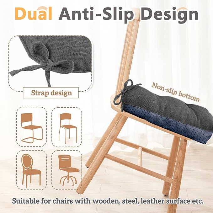 MAGIC ELEPHANT Chair Cushions for Dining Chair, Shredded Memory Foam Kitchen Chair Cushions Set of 4, Non-Slip Thick Dinning Room Chair Pads Seat Cushions, 15.5" x 15.5" x 4" (Grey)