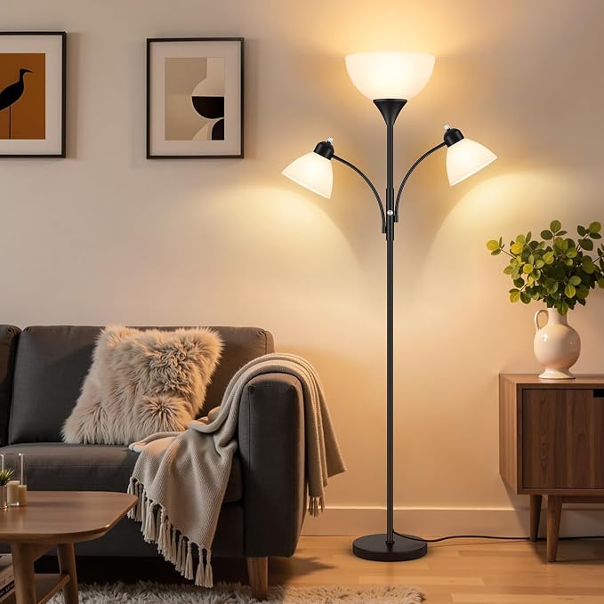 Coucrek Torchiere Floor Lamps for Living Room,72" Dimmable Lamp with 2 Adjustable Reading Lights for Bedroom, Black Tall Standing Room Lamp, 3 Bulbs Included