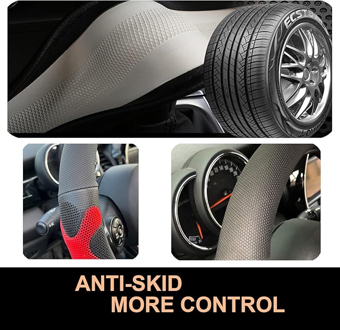 PINCTROT D Shaped Comfy Grip Steering Wheel Cover, Anti-Slip Design, Flat Bottom 14.5-15 Inch(Silicone Red)