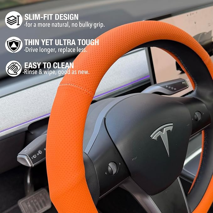 PINCTROT Supported Grip Nappa Leather Steering Wheel Cover for Tesla Model Y/3 Highland/Juniper, D Shaped 14 Inch Small Sized with Breathable Perforation, Flat Bottom 14 Inch(Hot Orange)
