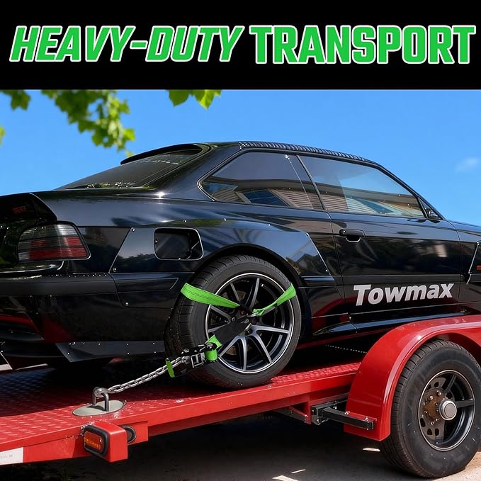 4 Pack Car Tie Down Straps for Trailers - 2" x 8' Heavy Duty Tire Straps with Chain Anchors - 10,000lbs Break Strength, Adjustable Lasso Style Wheel Straps for Hauling Cars, Truck, UTV(Green)