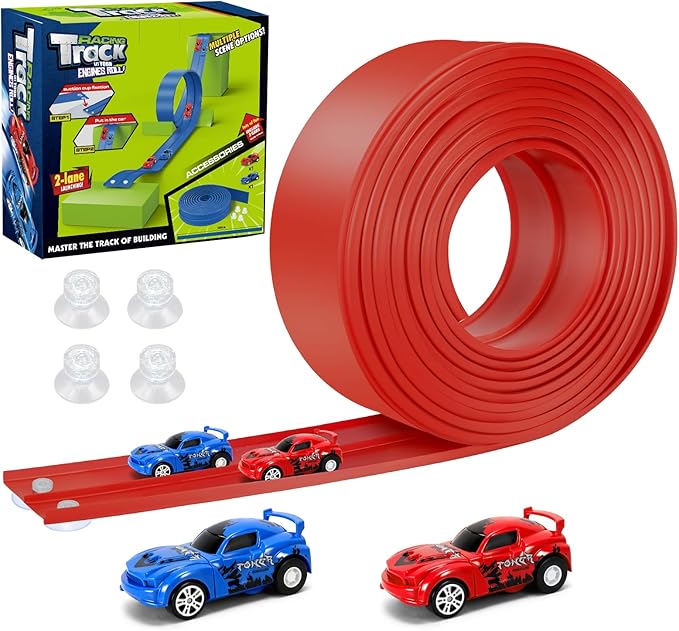 KETIEE Flex Tracks 16Ft for Kids: Flexible Race Car Ramp Track with 2 Small Racecars and 4 Suction Cups Compatible with Diecast 1/64th Cars, Rolls Up Portable Racetrack for Ages 3 & Up