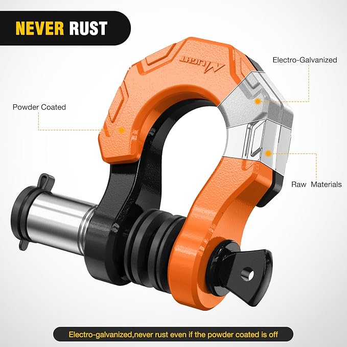 Nilight 2 Pack 3/4" D-Ring Separate Shackle with 7/8" Lock Pin 45,000 lbs Break Strength, Off Road Recovery Shackle with Isolators Washers for Use with Tow Strap, Winch, Truck Vehicle (Black&Orange)