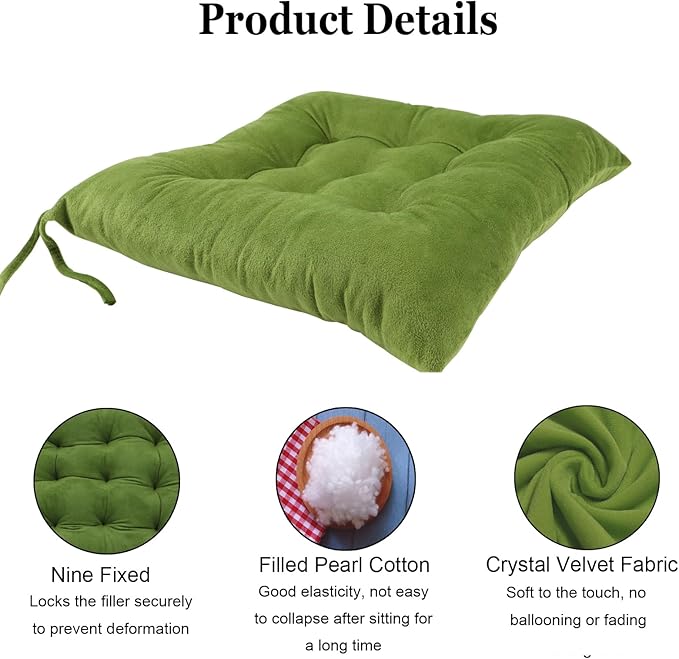 6 Pack Square Seat Cushion Chair Pads for Kitchen Dining Chairs, Soft Comfort Velvet Chair Mat Pillow Cushions with Ties for Office Desk Living Room Tatami 15.5", Green