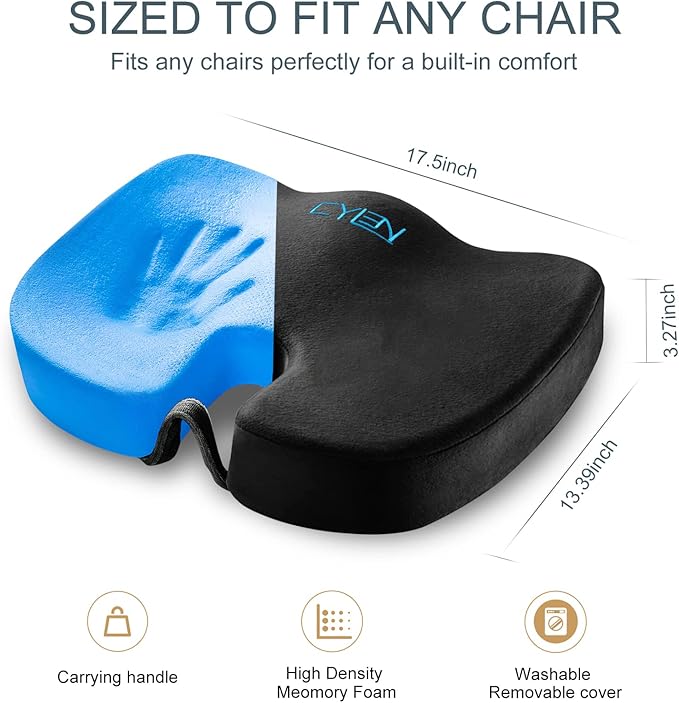 CYLEN Home Office Seat Cushion – Memory Foam Chair Cushion with Gel-Infused Material for Tailbone & Coccyx Pain Relief, Non-Slip Bottom, Machine Washable Cover – for Car, Wheelchair(Matte Black)