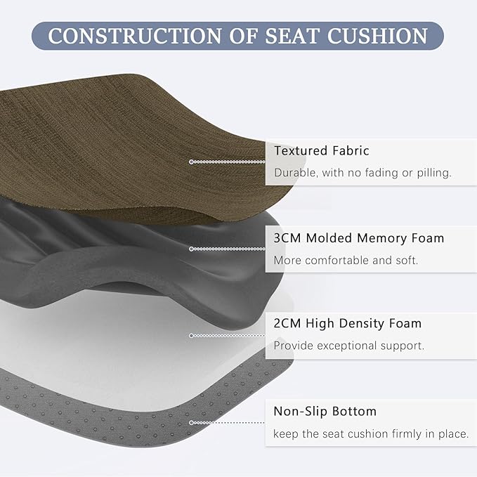 baibu Kitchen Chair Cushions Set of 2, Dual-Layer Patented Design Memory Foam Dining Chair Pads with Ties and Washable Cover, 2 Pack, 17" x 16" x 2", Brown