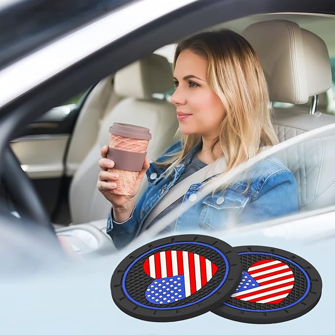 AUCELI 4 Pack Car Cup Holder Coasters, Colored American Flag US Flag Insert Car Cup Coaster, 2.75 Inch Anti Slip Shockproof Embedded Drink Mat, Vehicle Interior Decor Accessories
