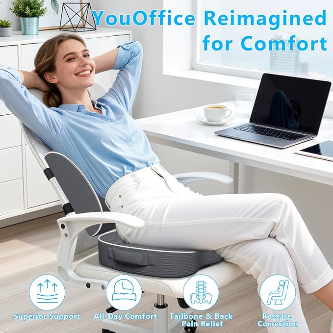 SweetSlubr Seat Cushion, Lumbar Support Pillow with Adjustable Strap-Chair Cushions for Sciatica Pain Relief-with Washable Cover Memory Foam for Car, Travel and Wheelchair Gray/X-Large