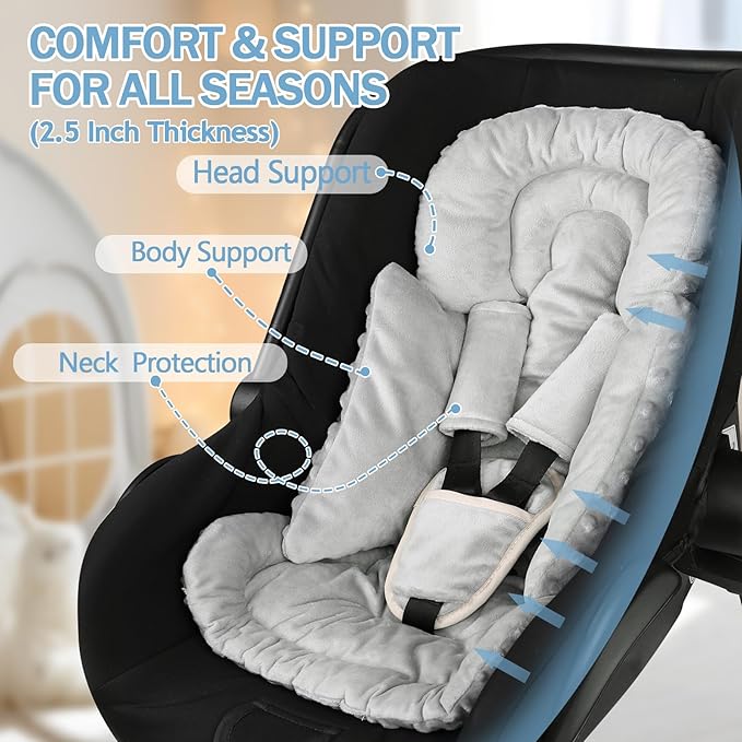 Infant Car Seat Insert Boy Girl, 3 in 1 Newborn Carseat Insert with Strap Pads, Car Seat Head Support for Baby Strollers, Swings, and Bouncers, Comfortable and Machine Washable, Grey