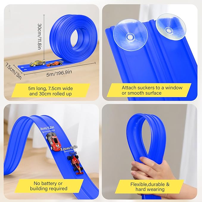 KETIEE Flex Tracks 16Ft for Kids: Flexible Race Car Ramp Track with 4 Small Racecars and 8 Suction Cups Compatible with Diecast 1/64th Cars, Rolls Up Portable Racetrack for Ages 3 & Up