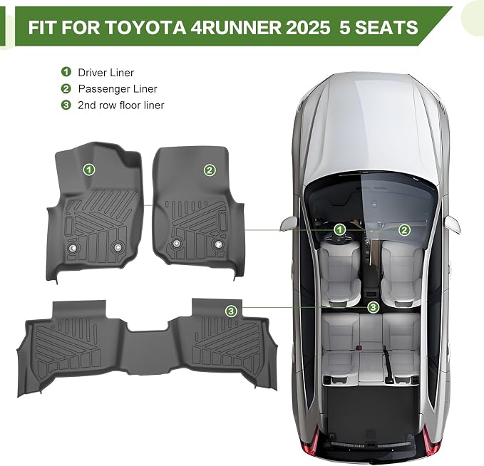 Floor Mats for 2025 2026 Toyota 4Runner 5 Seats Gas, All Weather TPE Protector 1st&2nd Row Floor Liners Accessories(Not for Hybrid EV&i-Force MAX)