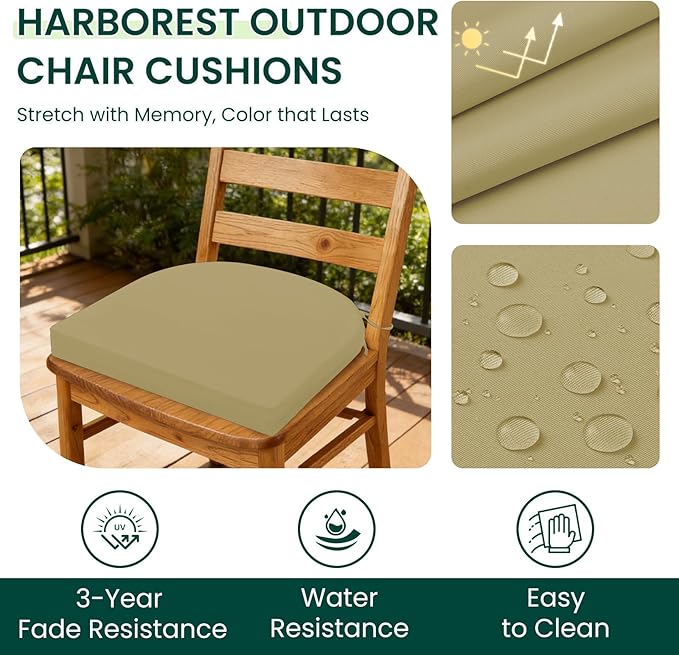 HARBOREST Outdoor Chair Cushions Set of 2, Water Resistant Patio Chair Cushions with Ties, Outdoor Seat Cushions for Patio Furniture, 17"x16"x2", Khaki