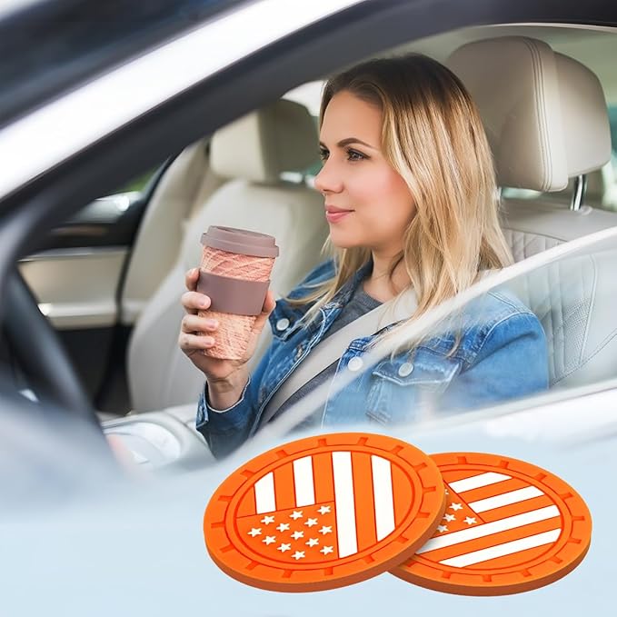 AUCELI 4 Pack Car Cup Holder Coasters, Colored American Flag US Flag Insert Car Cup Coaster, 2.75 Inch Anti Slip Shockproof Embedded Drink Mat, Vehicle Interior Decor Accessories