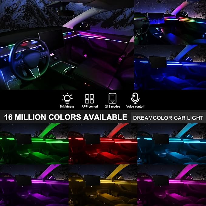 Dreamcolor Acrylic Interior Car LED Strip Light with Wireless APP, RGB 22 in 1 with 175 inches 593 LEDs Fiber Optic Ambient Lighting Kits, 16 Million Colors Sound Active Function Car Neon Lights