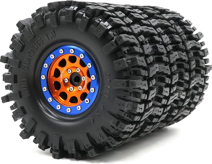 HOBBYSOUL 1.9 Mud Slingers Tires Soft Sticky Tyres 120mm / 4.72inch & Metal 1.9 Beadlock Wheels Orange Blue Rims for 1/10 RC Crawler Trail Traxxas TRX4 Axial SCX10 Redcat Gen8 upgarde