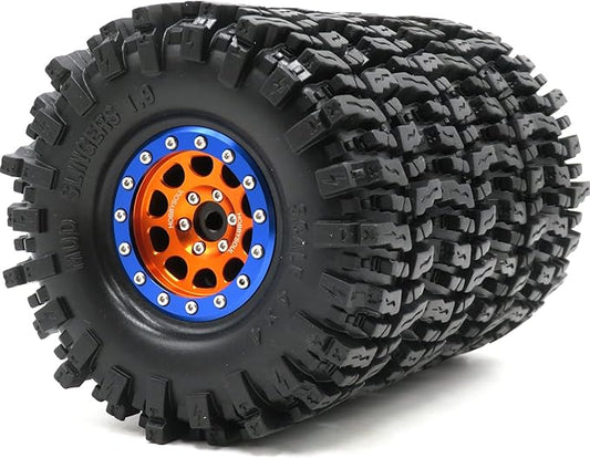HOBBYSOUL 1.9 Mud Slingers Tires Soft Sticky Tyres 120mm / 4.72inch & Metal 1.9 Beadlock Wheels Orange Blue Rims for 1/10 RC Crawler Trail Traxxas TRX4 Axial SCX10 Redcat Gen8 upgarde