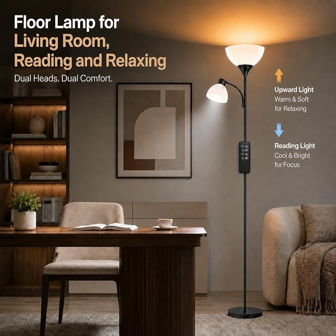 GERGO Led Floor Lamp, Super Bright 11W+7W 2100LM Torchiere Floor Lamps for Living Room, Stepless Adjustable 4 Color Temperatures 3000K-6000K with Remote Control for Bedroom (Matte Black)