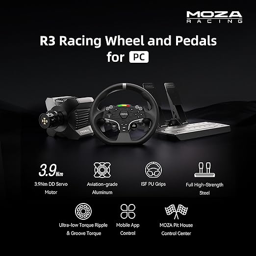 MOZA R3 Racing Wheel and Pedals Bundle for PC, 3.9Nm Direct Drive WheelBase,11-inch ES Lite Steering Wheel,Pedals and Desk Clamp High-Performance Game Racing Simulator for PC User