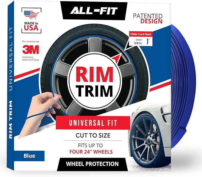 All-Fit Automotive Rim Trim – Durable DIY Car Exterior Accessories for Curb Rash Protection – Fits Up to Four 24” Wheels – Flexible, Durable Wheel Rim Protector (3/8″ width/Blue)