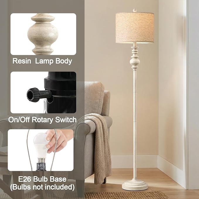 BOBOMOMO 64.25" Farmhouse Floor Lamp for Living Room, Tall Antique White Standing Lamp with Rotary Switch, Vintage Reading Lamp for Bedroom & Nursery, Rustic Home Decor Corner Lamp