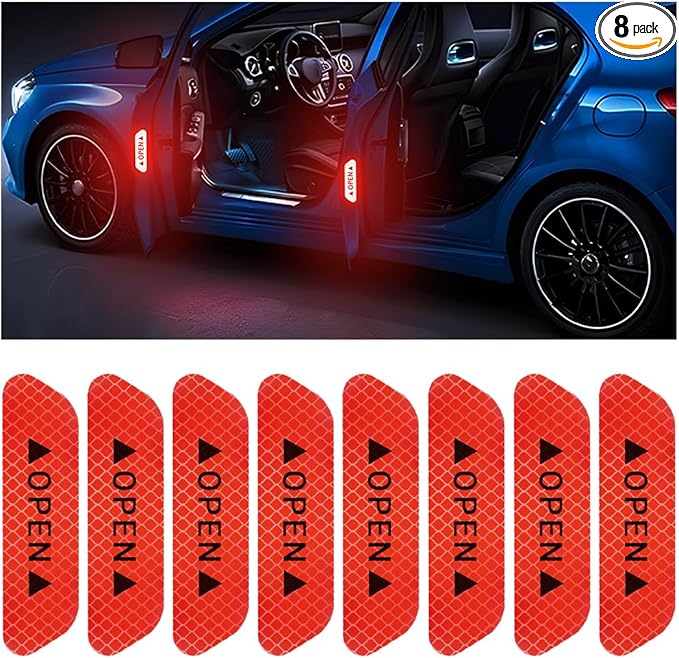 8PCS Reflective Open Warning Stickers for Car Door, Night Visibility Auto Safety Prompt Decals, Anti-Collision Protective Strip Tape, Car Accessories Universal for Truck, SUV, Van (Red)