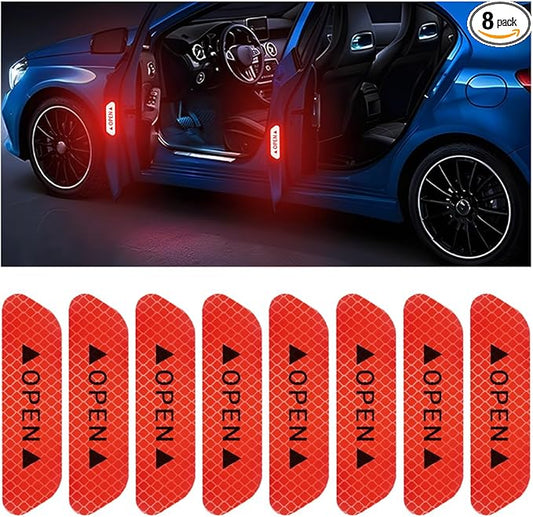8PCS Reflective Open Warning Stickers for Car Door, Night Visibility Auto Safety Prompt Decals, Anti-Collision Protective Strip Tape, Car Accessories Universal for Truck, SUV, Van (Red)