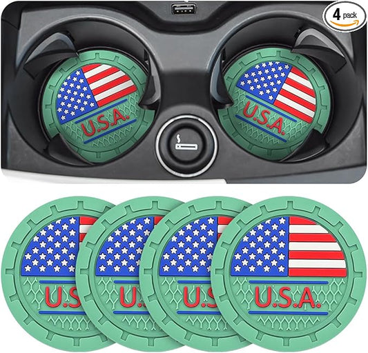 AUCELI 4 Pack Car Cup Holder Coasters, Colored American Flag US Flag Insert Car Cup Coaster, 2.75 Inch Anti Slip Shockproof Embedded Drink Mat, Vehicle Interior Decor Accessories