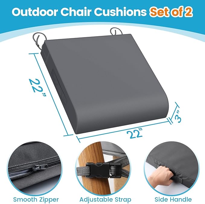 TasticTotes Patio Chair Cushions - Set of 2, Waterproof Outdoor Seat Cushions with Adjustable Straps and Handles, Fade-Resistant Chair Pads for Outdoor Furniture, Garden, Beach (22" x 22" x 3", Grey)