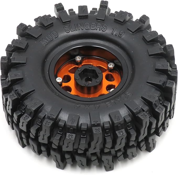 HOBBYSOUL 1.9 Mud Slingers Tires Soft Sticky Tyres 120mm / 4.72inch & Metal 1.9 Beadlock Wheels Orange Blue Rims for 1/10 RC Crawler Trail Traxxas TRX4 Axial SCX10 Redcat Gen8 upgarde