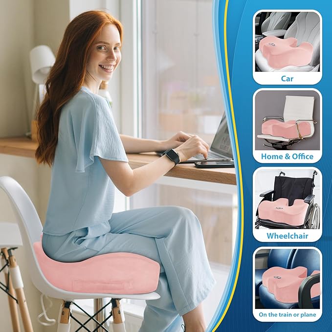 BlissTrends Seat Cushion,Thick Memory Foam Cushions for Office Chair, Car Seat, Airplane, Relieving Pressure Tailbone Sciatica Back Pain for Long Sitting Office Workers, Car Drivers 4.7in Thick Pink