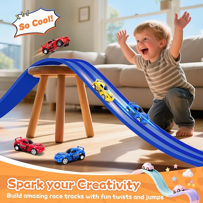 KETIEE Flex Tracks 16Ft for Kids: Flexible Race Car Ramp Track with 2 Small Racecars and 4 Suction Cups Compatible with Diecast 1/64th Cars, Rolls Up Portable Racetrack for Ages 3 & Up