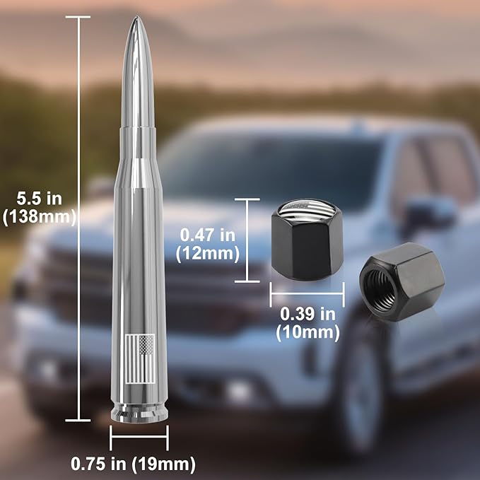 Car Truck Antenna with Tire Valve Caps American Flag Short Replacement for GMC Sierra Chevy Silverado Dodge Ram 1500 2500 3500 Ford F150 F250 F350 Super Duty Raptor Accessories, Chrome