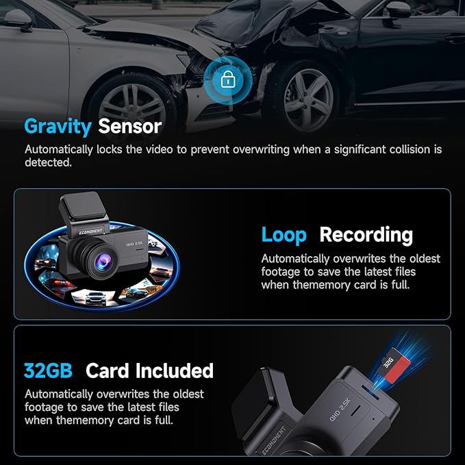 Dash Cam Front and Rear, 2.5K Dual Dash Camera for Cars, Car Camera with 3.16" IPS Screen, 170° Wide Angle, WDR Night Vision, G-Sensor, 24H Parking Monitor, 32GB Card Included, Support 256 GB Max