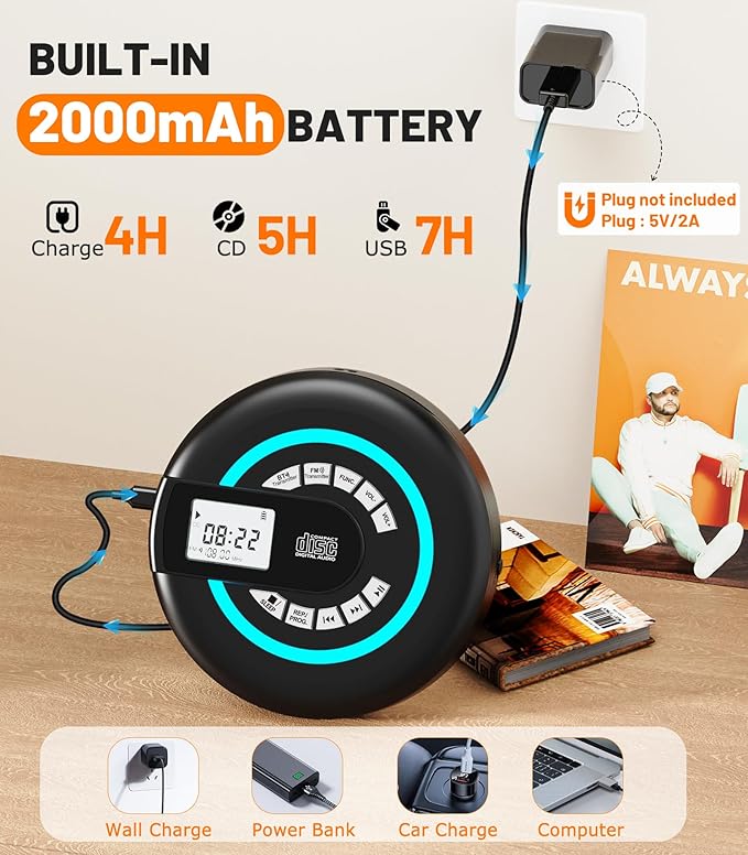 Portable CD Player with Speaker Bluetooth Discman for Car with FM Transmitter Rechargeable Lightweight Anti-Skip Protection Repeat Headphones AUX/USB LCD Display RGB Light Gifts Kids Student