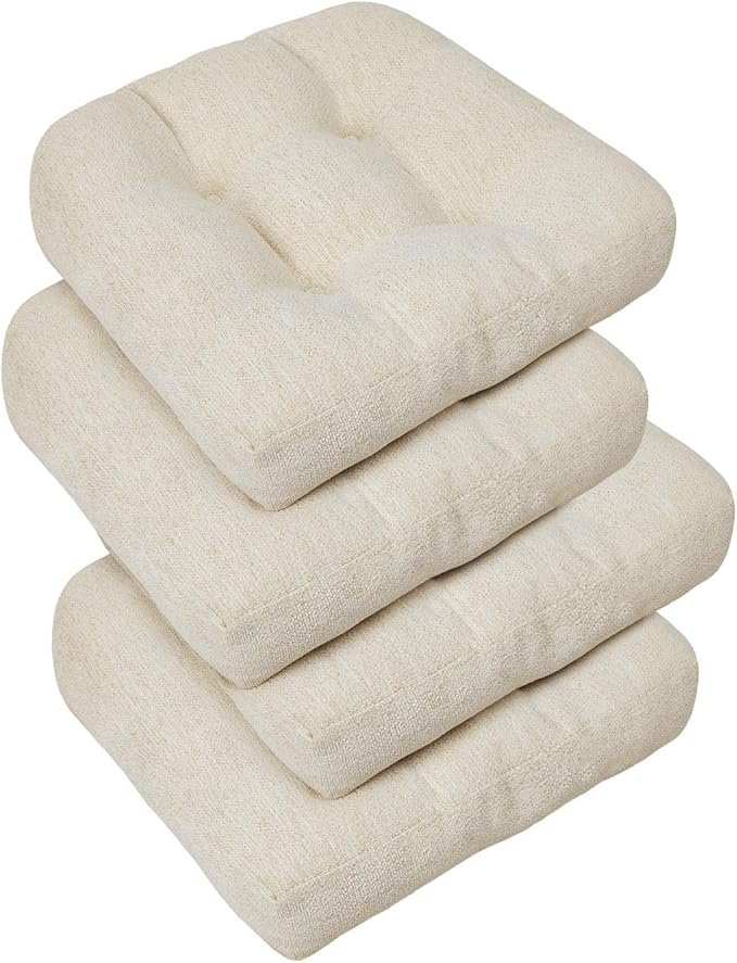 downluxe Chair Cushions for Dining Chairs 4 Pack, Tufted Indoor Chair Pads with Non-Slip Bottom, U-Shaped Kitchen Chair Cushions, 18"x18"x4", Beige