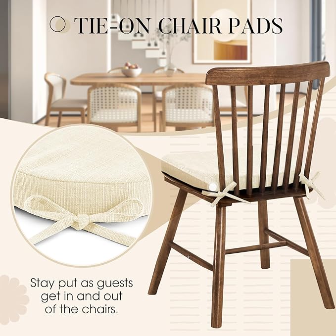 Basic Beyond Chair Cushions for Dining Chairs 6 Pack, Kitchen Chair Cushions with Ties and Non Slip Backing, 16 x 16 inches Chair Pads for Dining Chairs (Beige)