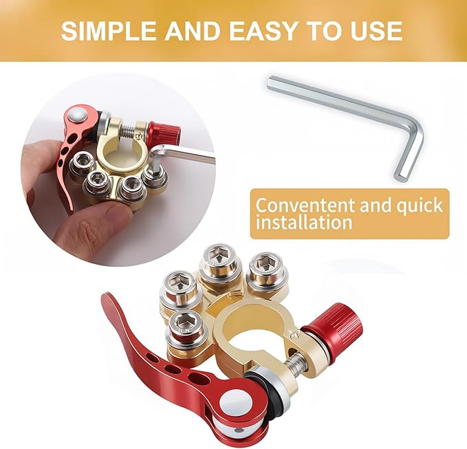 SINGARO Car Battery Terminal Clamp Connector, 4 Way Positive and Negative Pole Quick Release Terminal Clip, Applicable to SAE/JIS A Type Post, Compatible with Cars, Trucks and More（Gold-C）