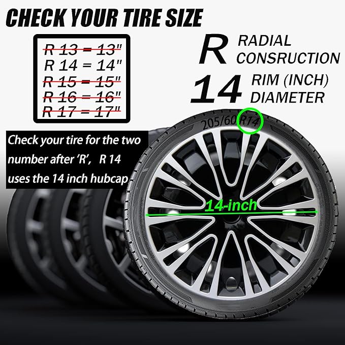 Hubcap Wheel Cover Replacement R14 Hub Caps Universal-Fit Steel Wheel Rim Cover ABS Material Exterior Accessories for Car Truck SUV -Set of 4（14-inch，Silver-Black）