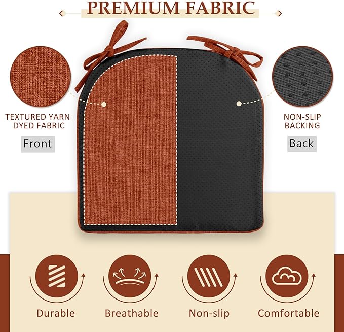Wellsin Chair Cushions for Dining Chairs 6 Pack - Kitchen Chair Cushions with Ties and Non-Slip Backing - Dining Chair Pads 16"X16"X2", Orange