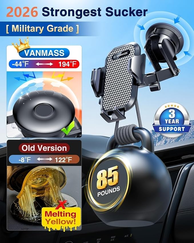 [True Military-Grade] Car Phone Holder VANMASS [Upgraded Strongest Suction&Clip] Cell Phone Mount for Dashboard Windshield Vent Wall,Truck Cradle Stand for iPhone 17 Pro Max 16 15 14 Android,Ink Black