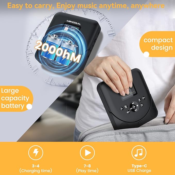 CD Player Portable,MONODEAL Bluetooth CD Player with Speakers and FM Transmitter,Support TF Card,Rechargeable Player for Car/Home with 2.0“ TFT Screen