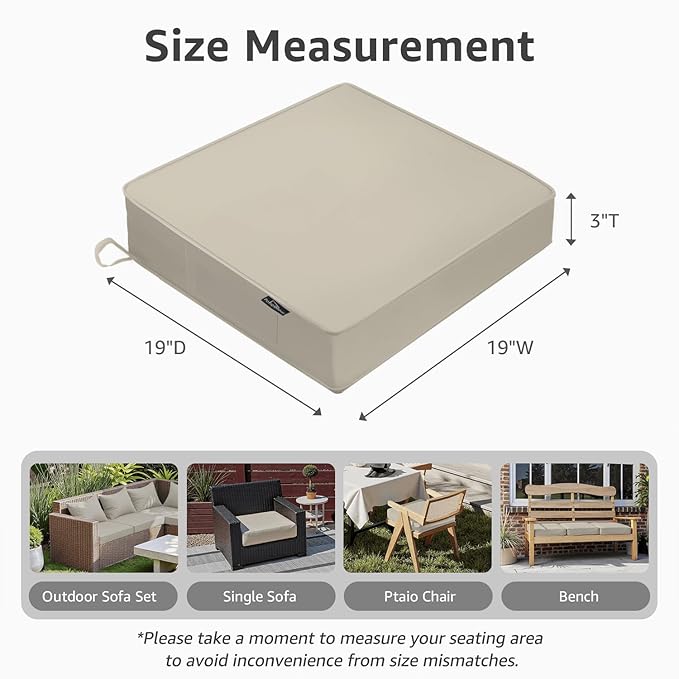 PatioGlow Outdoor Chair Cushions 19 x 19 x 3 Inch, Waterproof & Fade Resistant Patio Seat Cushion for Furniture with Handle and Ties, Thick Seating Pads for Outside Sofa Couch Set of 2, Cream